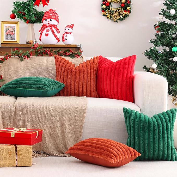 Pallene Faux Fur Plush Lumbar Throw Pillow Covers 12x20 Set of 2, Luxury Soft Fluffy Striped Decorative Pillow Covers for Sofa, Couch, Living Room, Christmas Green