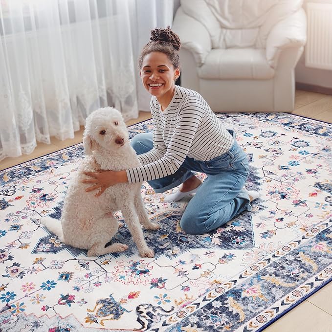 Amearea Vintage Design Area Rugs for Living Room, 4x6 Machine Washable Floral Collection Traditional Bedroom Rug, Low Pile Cute Kids Room Print Carpet, No Slip Office Kitchen Home Decor, Blue