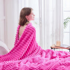 NEWCOSPLAY Super Soft Queen Blanket Hot Pink Premium Silky Flannel Fleece 3D Ribbed Jacquard Lightweight Bed Blanket All Season Use (Hot Pink Ribbed, Queen(90"x90"))