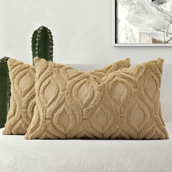 decorUhome Cozy Textured Throw Pillow Covers 12x20 Inch Set of 2, Soft Plush Faux Wool Light Brown Accent Couch Pillow Covers for Modern Farmhouse Sofa Bed Living Room