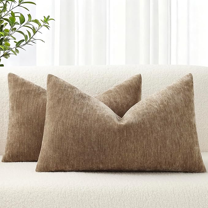 decorUhome Chenille Brown Spring Throw Pillow Covers 12x20 Inch Set of 2, Decorative Soft Couch Pillow Covers Solid Dyed Accent Farmhouse Neutral Rectangle Pillow Cases for Sofa