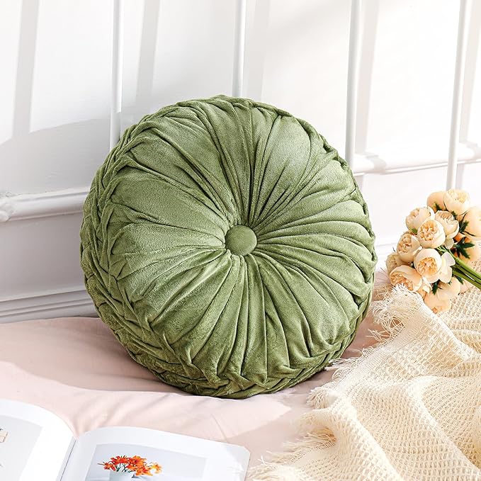 Round Throw Pillows Decorative Pleated Throw Pillows 15'' Diameter Accent Pumpkin Boho Chair Cushion for Couch Sofa Home Decoration(Olive Green,1 Pcs)