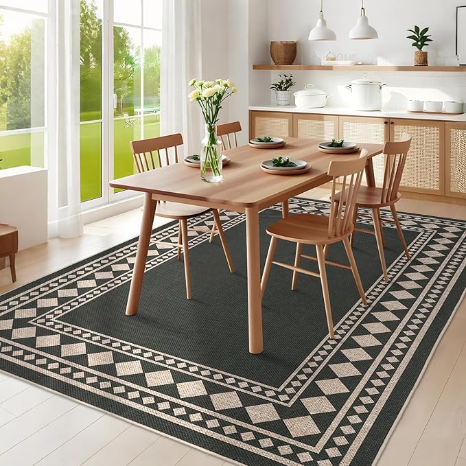 GarveeHome Solid Bordered Easy Jute Rug 5x7 Washable Jute Rugs for Living Room Patio Farmhouse Indoor Outdoor Rug Non Slip Non-Shedding Neutral Rugs for Patio Backyard Dining Room Bedroom, Black