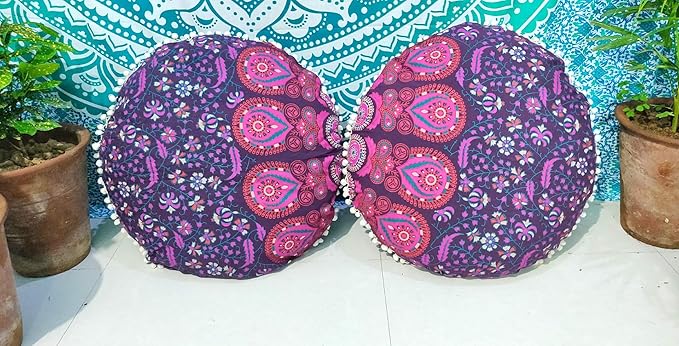 CRAFT KALA Mandala Floor Pillow Cushion Cover Seating Throw Cover Hippie Decorative Bohemian Ottoman Pouf Pom Pom Pillow Cases Boho Indian Cotton Living Room Home Décor 24" Round Set Of 2 Pink Peacock