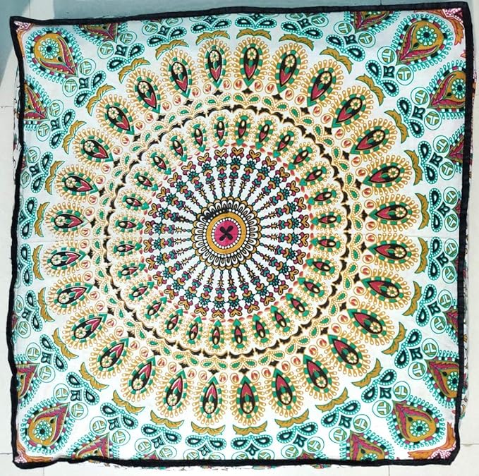 CRAFT KALA Mandala Floor Pillow Cushion Cover Seating Throw Cover Hippie Decorative Bohemian Ottoman Poufs Pom Pom Pillow Cases Boho Indian Cotton Living Room Yoga Home Décor 35" Square,Mustard Mirchi