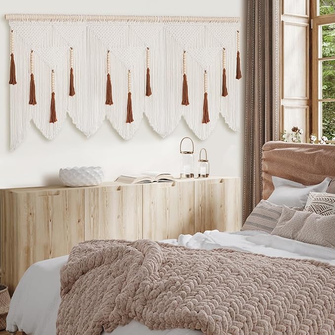 ANROYE Large Macrame Wall Hanging, Boho Woven Tapastry with Wood Bead Tassel, Above Bed Minimalist Decor for Bedroom, Bohemian Art Decoration for Living Room Apartment Home