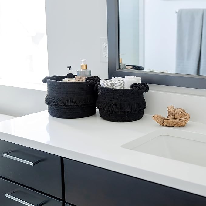 NaturalCozy 3-Piece Decorative Storage Basket Set – Black Cotton Rope Small Woven Baskets for Organizing for Nursery Baby Stuff, Gift, Vanity, Montessori, Dog Cat Toy Bin, Planter, Bathroom Shelves