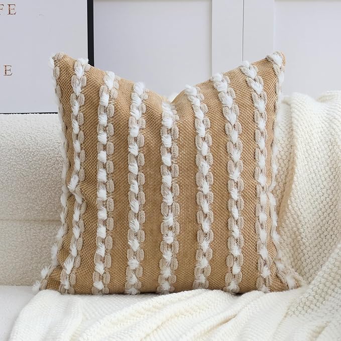 18x18 Boho Pillow Cover - Chenille Tufted Decorative Throw Pillow Cover Velvet Backing, Farmhouse Striped Square Accent Pillow Case for Sofa, Couch, Bedroom, Living Room, Dark Khaki, White