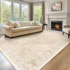 Beige Distressed Washable Area Rugs 9x12 Living Room, Farmhouse Medallion Printed Big Carpet Rugs for Bedroom, Washable Non Slip Low Pile Thin Rugs for Dining Room Home Office Natural Color