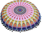 CRAFT KALA 22" Floor Pillows Cover for Sitting, Large Meditation Cushions Cover for Adults, Bohemian Mandala Round Pouf Seating Ottoman Cover for Outdoor Yoga and Living Room Pink Yellow Floral
