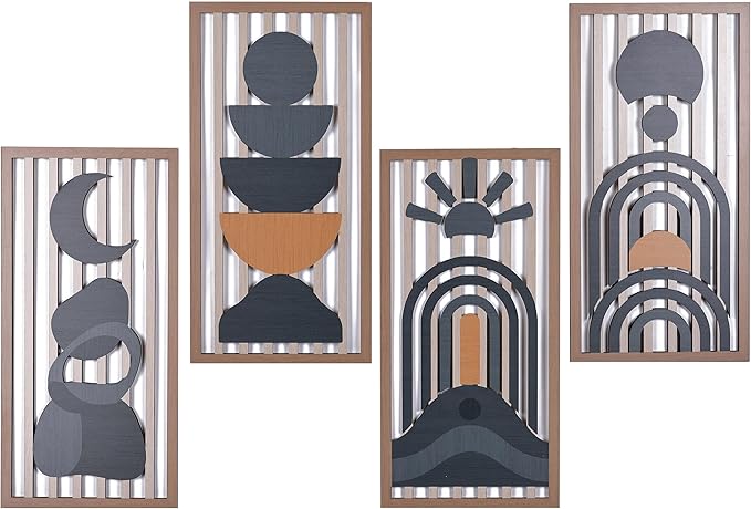 Blue Boho Wall Decor Set of 4, Abstract Blue Wall Art & Wall Decor Blue, Mid-Century Modern Aesthetic Artwork with Arch,Framed Wall Art - 3D Wooden Geometric Wall Sculpture for Bedroom Living Room Office (E)