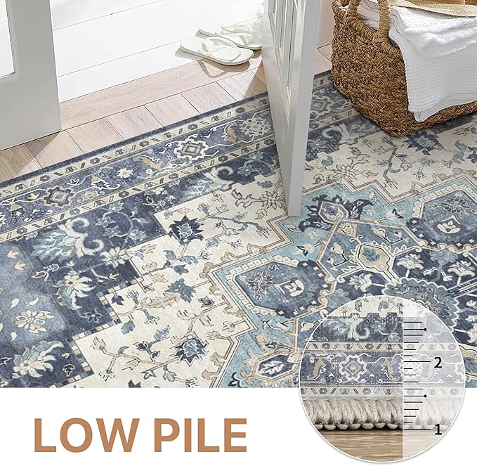 GENIMO Area Rug 2x3 Doormat, Machine Washable Low Pile Rugs, Small Retro Chenille Entryway Mat for Entrance, Hallway, Kitchen and Corridor, Center Blue