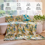Boho Throw Blanket 60"x80" 100% Cotton Twin Bed Tassel Blanket with Leaf Pattern,Soft Breathable Lightweight Spring Decorative Reversible Blankets for Couch Sofa Decor All Season