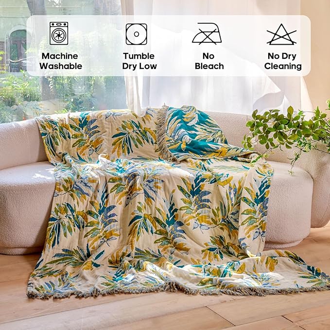 Boho Throw Blanket 60"x80" 100% Cotton Twin Bed Tassel Blanket with Leaf Pattern,Soft Breathable Lightweight Spring Decorative Reversible Blankets for Couch Sofa Decor All Season