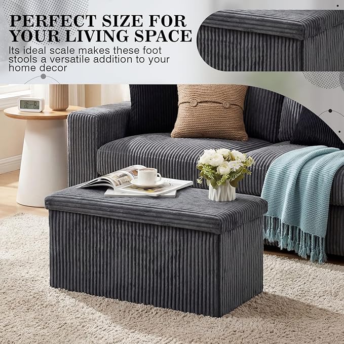 30'' Pouf Ottoman for Couch with Storage Plush Corduroy Ottoman Sectional Couch Large Foldable Gray Foot Stools for Living Room Plush Corduroy