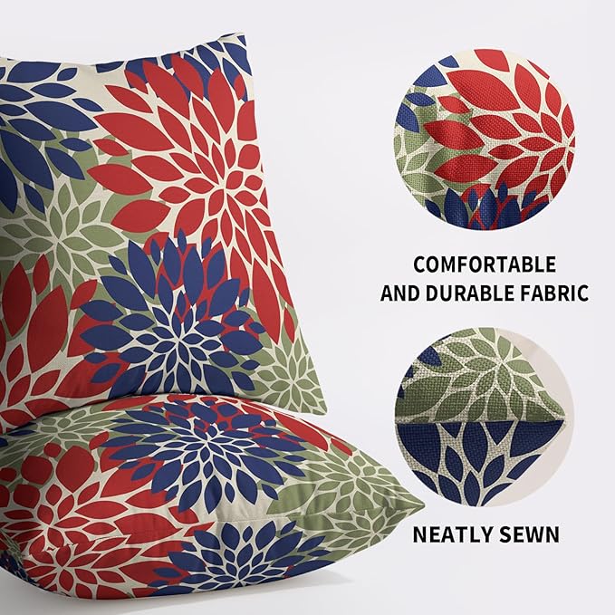 Blue Green Red Pillow Covers 24X24 Inch Set of 2, Modern Dahlia Floral Print Decorative Throw Pillow Covers Outdoor Farmhouse Cushion Case for Home Couch Sofa Bed Decoration