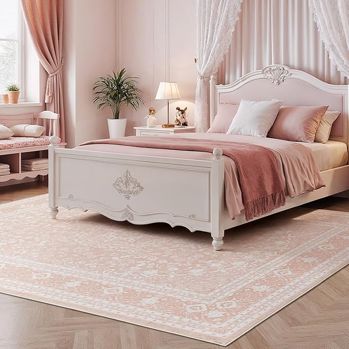 Lessymo 8 x 10 Area Rugs for Living Room, Machine Washable Area Rugs Boho Faux Wool Low Pile Area Rug for Bedroom, Floral Medallion Vintage Rugs with Non-Slip Rubber, Kid & Pet Friendly,Pink