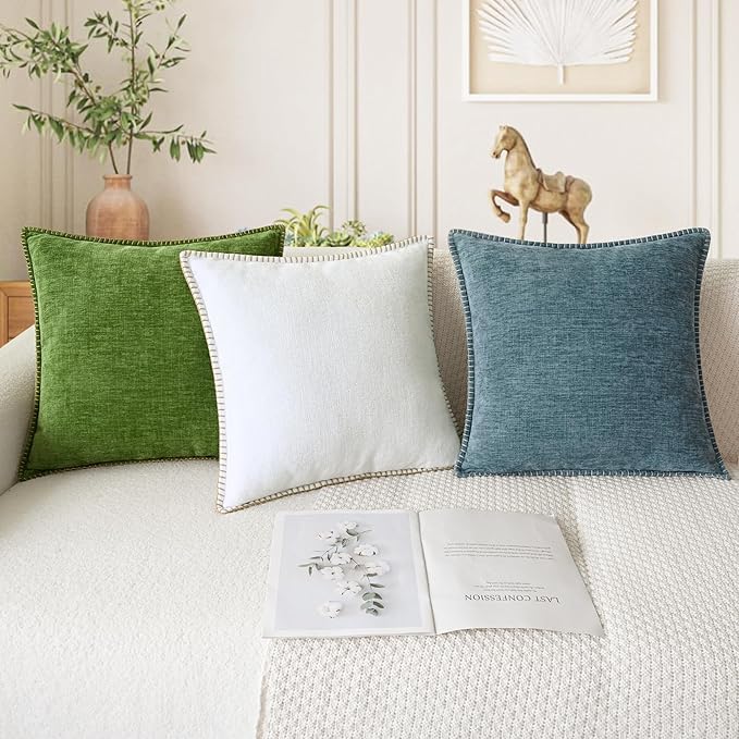 CaliTime Throw Pillow Covers Decorative 18 X 18 Inches Pack of 2 Cotton Thread Stitching Edges Solid Dyed Soft Chenille Cushion Cases for Couch Sofa Bed Living Room Farmhouse True White