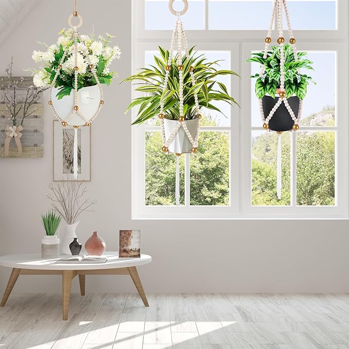 Hotfiary Plant Hanger Indoor Hanging Plant Holder Hang Planter Basket Wood Bead Decorative Flower Pot Holders Boho Farmhouse Rustic Decor Indoor Outdoor (Pot Not Included)