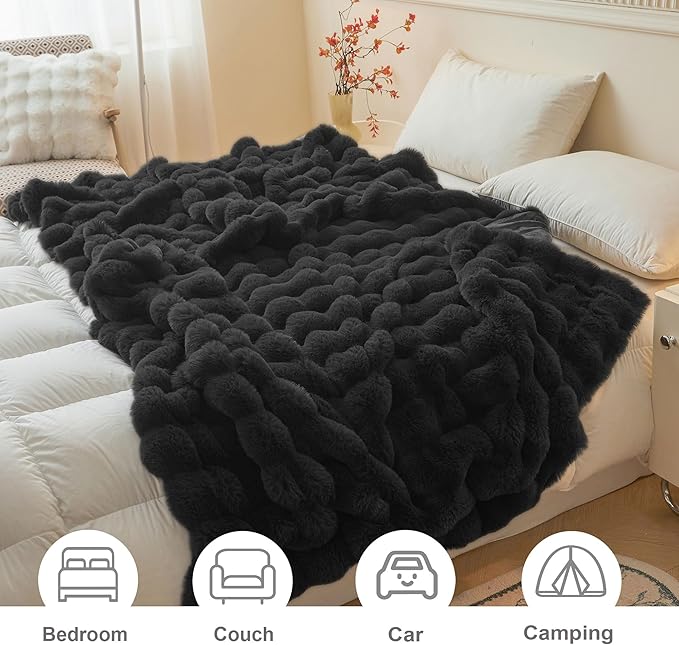 LIFEREVO Luxury Fluffy Faux Rabbit Fur Throw, Plush Fuzzy Bubble Blanket for Couch Sofa, Soft Cute Furry Bed Blanket Home Decoration, Shaggy Lap Throw for Bedroom Living Room Office, 50x60, Black