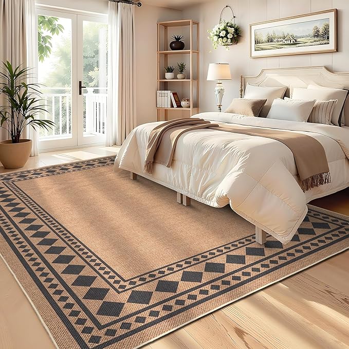 GarveeHome Large Easy Jute Rugs 10x13 Living Room Rug Modern Bordered Solid Rug with Non-Slip Backing, Non-Shedding Jute Indoor Outdoor Neutral Carpet for Dining Room, Patio, Backyard, Brown