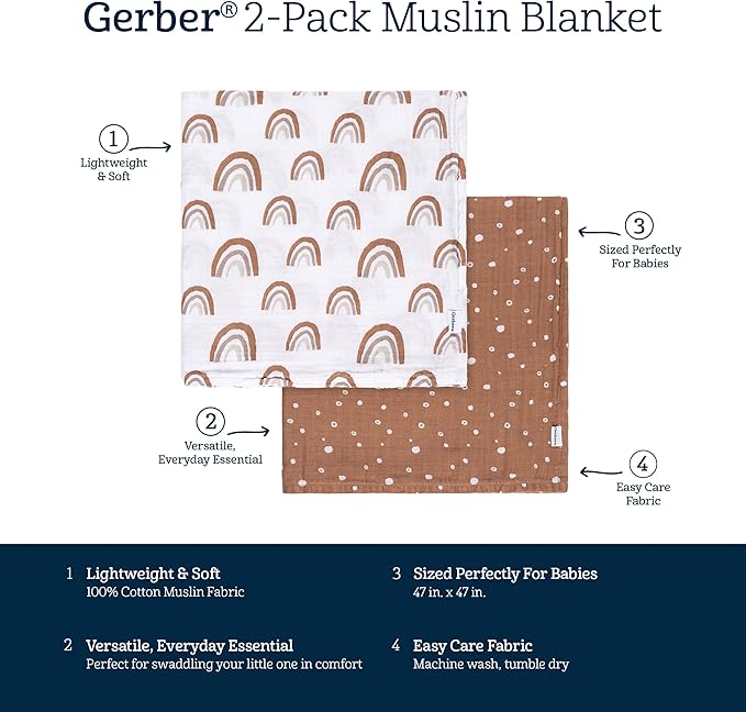 Gerber Baby Unisex 2-Pack Muslin Blanket, Boho Rainbow, One Size