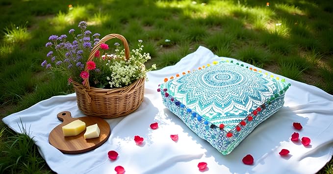 CRAFT KALA Green Ombre Large Hippie Mandala Meditation Floor Ottoman Pillow Cushion Pouf Cover Square Poufs Bohemian Circle Floor Cushion Case Outdoor Fireplace Yoga Living Room Decor Cover 16" Square