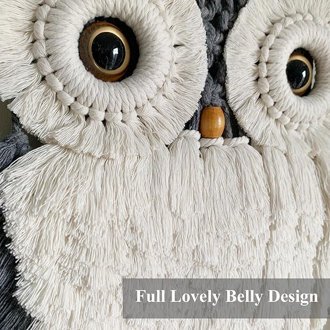 Macrame Owl Wall Hanging - Handmade Boho Hanging Tapestry Art Home Decor, Nature-Inspired Gift for Owl Lovers, Sustainable Fiber Wall Art Minimalist Bird-Themed Decor - Grey