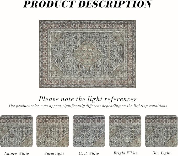 Area Rug 4×6, Vintage Boho Rug,Ultra-Soft Low Pile, Washable, Non Slip,Stain Resistant, Printed Carpet for Living Room Bedrooms Playroom Office Kitchen,Rust/Green