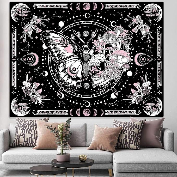 Skeleton Butterfly Tapestry Pink Skull Hippie Mushroom Plants Tapestry for Bedroom Moon phase Aesthetic Tapestries Wall Hanging for Living Room Dorm (Pink, 60” x 44”)