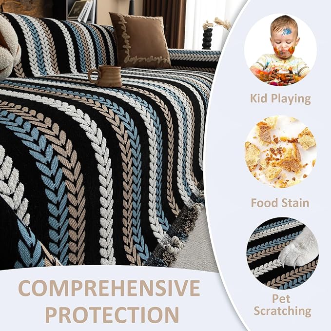 VClife Couch Cover for Sofa, Chenille Sofa Cover for Dog Modern Stripe Couch Cover for 2 Cushion Couch Sofa, Non Slip Furniture Protector Pet Couch Slipcover with Tassel, Black, 71''x118''