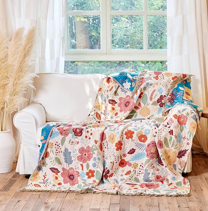 Boho Throw Blanket - 100% Cotton Soft Breathable Spring Throw Blankets, 60"x80" 4-Layer Lightweight Muslin Cotton Quilt, Floral Printed Bohemian Decor Throw Blankets for All Season