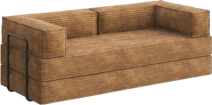WLIVE 87'' Futon Sofa Bed, Convertible Sleeper Sofa, Folding Pull Out Couch Boneless Mattress with Fixed Frame, Corduroy, with Storage Pocket, Brown
