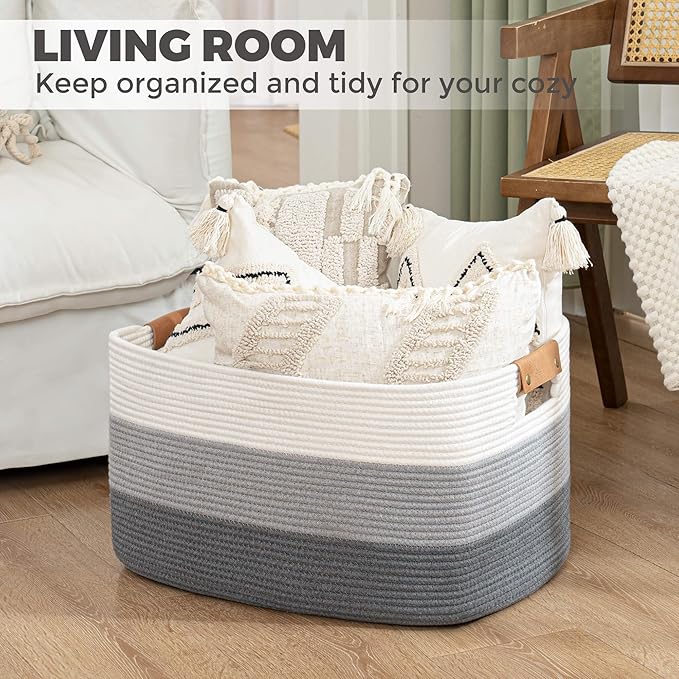 danpinera Rectangle Blanket Storage Basket, 50L Large Decorative Basket Living Room, Storage Bin with Handle, Woven Rope Hamper for Toy Organizing & Laundry, 18.11’’*14.17’’*11.81’’ Gradient Grey