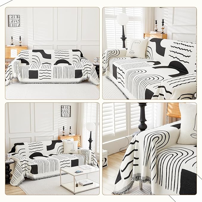 Boho Chenille Couch Cover with Tassels, Bohemian Sofa Cover for 3 Cushion Couch, L-Shaped Sectional, Loveseat, 2/3/4 Seater (71" x 150", Black)
