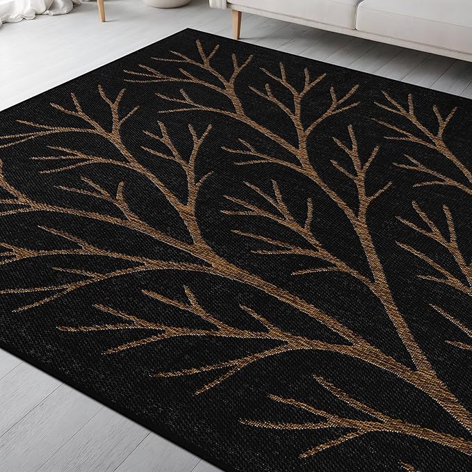 Washable Indoor Outdoor Rug 8x10 Modern Area Rugs Branch Pattern Non Shedding Waterproof Easy Clean Patio Deck Porch Living Room Bedroom Garden RV (8 X 10 Gold)