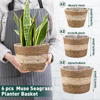 Mumufy 6 Pcs Seagrass Planter Basket Flower Pots Cover Plant Baskets Hand Woven Plant Basket Storage Containers with Plastic Liners for Indoor Outdoor Flower Pots Decoration 10, 7, 8.3 Inch(Novel)