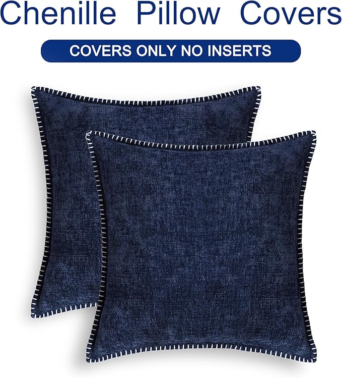 CaliTime Throw Pillow Covers Decorative 26 X 26 Inches Pack of 2 Cotton Thread Stitching Edges Solid Dyed Soft Chenille Cushion Cases for Couch Sofa Bed Living Room Farmhouse Navy Blue