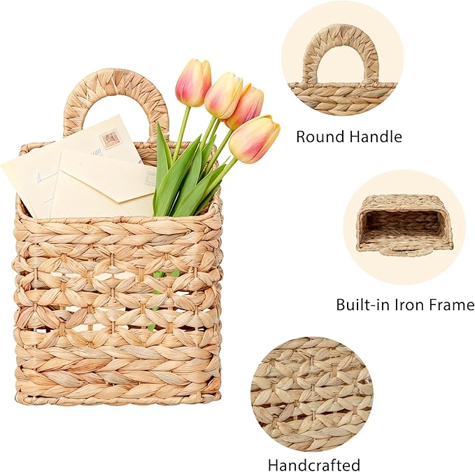 Wicker hanging basket, Water Hyacinth Wall Basket, Rustic Handwoven Hanging Storage Basket with Metal Frame for Farmhouse Home Decor, Garden or Organizing (1-Tier)