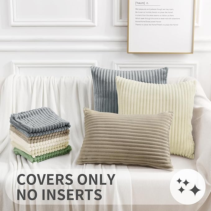 Simmore Decorative Spring Throw Pillow Covers 18x18 Set of 2, Soft Natural Plush Flannel Double-Sided Fluffy Couch Pillow Covers for Sofa Living Room, Beige