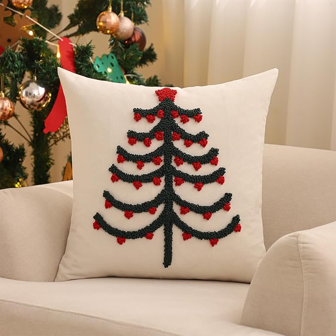Tosleo Christmas Tufted Pillow Covers 18 x 18 inch Set of 2 Green Xmas Tree with Red Berry Throw Pillow Cover Party Decor Winter Holiday Embroidery Cushion Case for Sofa Couch Bed Living Room