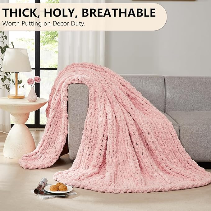 L'AGRATY Chunky Knit Chenille Blanket Throw - 50x60, Pink: Soft, Breathable, Machine Washable, Perfect for Bed, Couch, or Gift