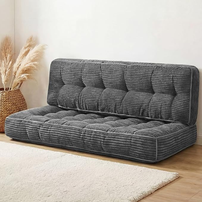 63 Inch Folding Bench Cushion, 4 Inch Thick 2-in-1 Convertible Long Floor Lounger Boneless Cushions Couch Mattress Upholstered for Yoga, Reading, Sleeping, Meditation Living Room(Dark Grey)