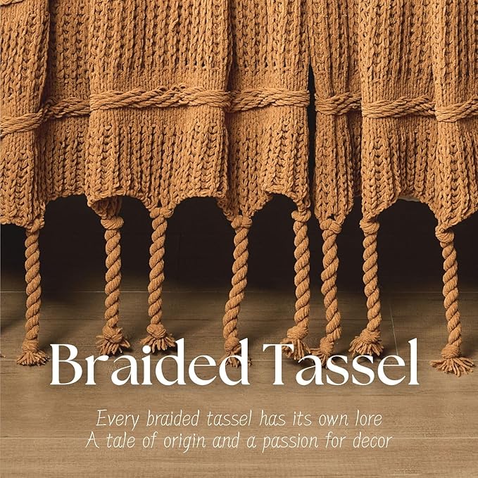 Boho Knitted Chenille Blanket with Tassels - Lightweight & Soft All-Season Throw - 3D Classic Pattern for Living Room Bedroom Couch, Amber Brown, Throw 50"x60"