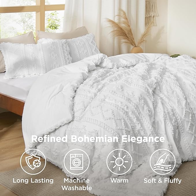 Bedsure Tufted Boho Comforter Set Full Size - Bright White Boho Bed Set, GentleSoft™ 3 Pieces Farmhouse Shabby Chic Embroidery Bedding, Gifts for Woman, Soft Jacquard Full Comforter for All Seasons