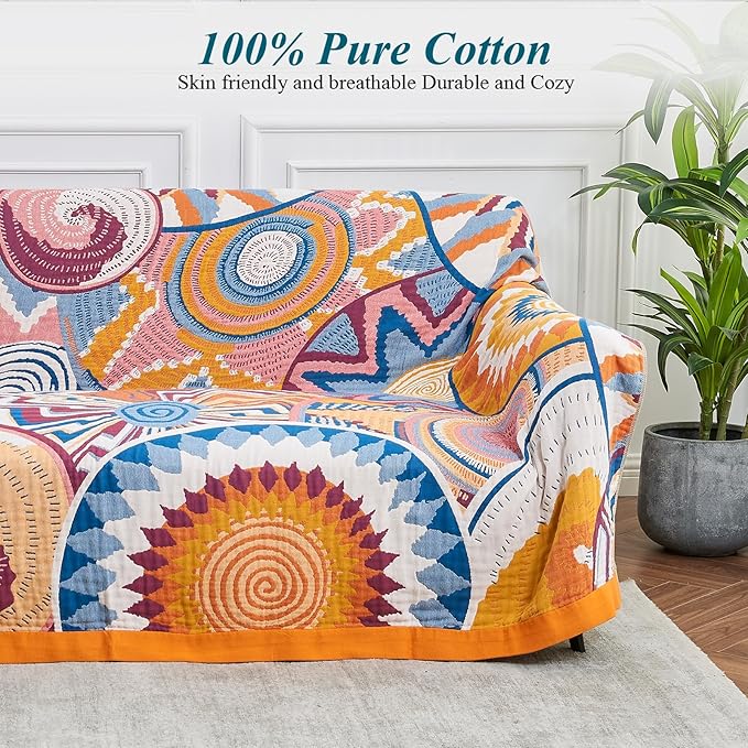 Boho Throw Blanket for Bed-100% Cotton Soft Breathable Farmhouse Decor Boho Quilt for Sofa (Colorful Sun, 80"x90")