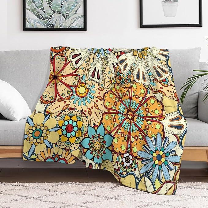 Boho Floral Throw Blanket Vintage Colorful Flowers Bohemian Print Mandala Blanket for Sofa Bed Couch Chair Or Dorm 30"x40"