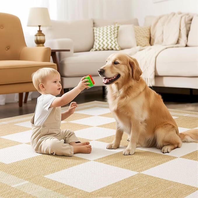 Vasofe Checkered Jute Rugs, 6x9 Large Washable Outdoor Patio Rug, Living Room Bedroom Dining Room Indoor Carpet, Non Slip Modern Farmhouse Neutral Geometric Porch Classroom Mat, Khaki and White