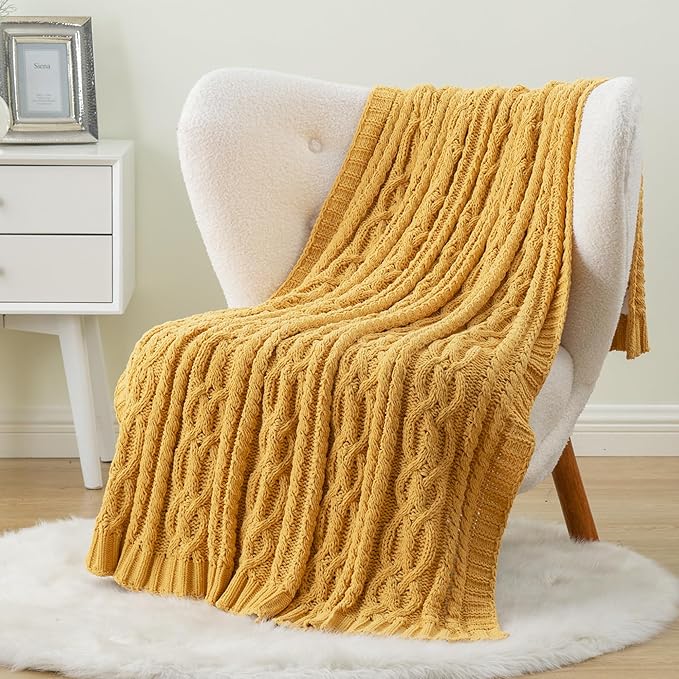 Battilo Mustard Yellow Throw Blanket 51"x67" Chenille Knitted Throw Blanket for Couch, Gold Throw Blankets for Home Decor, Summer Fall Decor Blanket