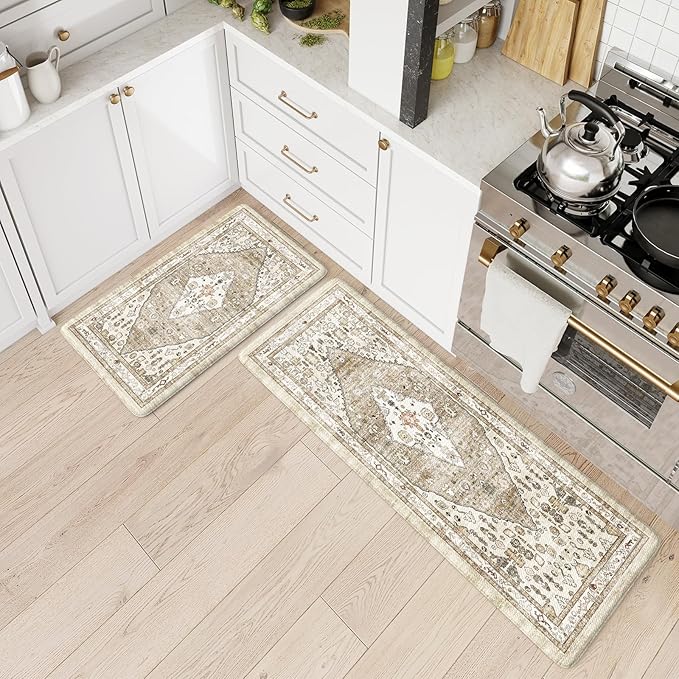 Collive Boho Kitchen Mats for Floor 2 Piece, Cushioned Anti Fatigue Kitchen Mat Non-Skid Waterproof Under Sink Rug, Taupe Comfort Standing Desk Mat for Office, Home & Kitchen, 17.3"x29"+17.3"x47"